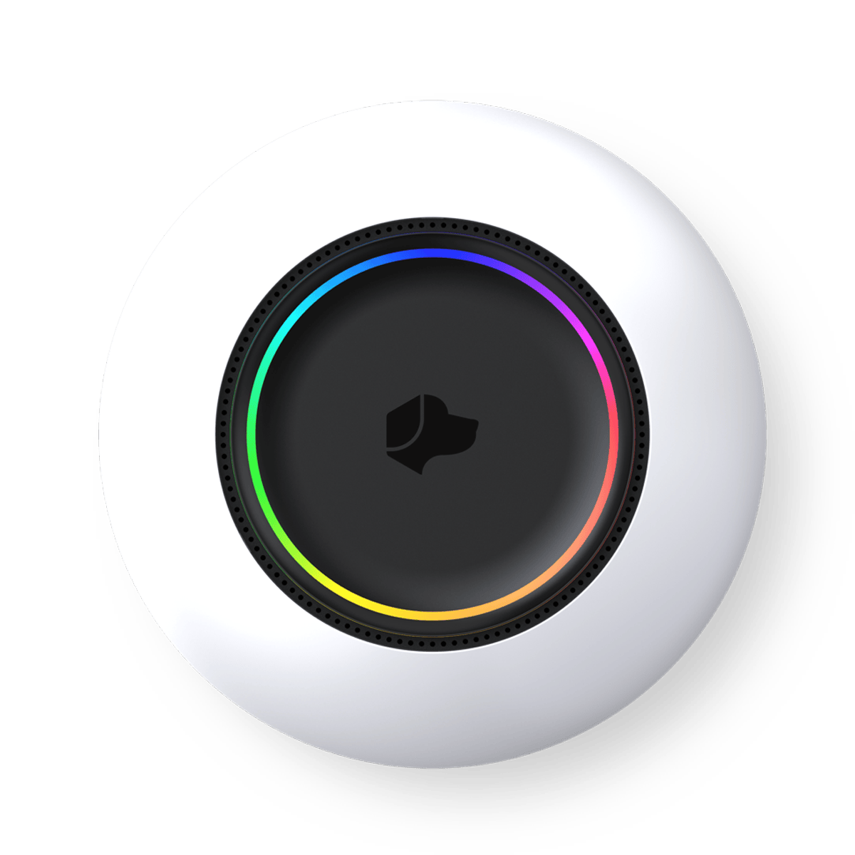 A top view of a white circular device with a black center featuring a dog logo and a multicolored LED ring around it, symbolizing the Josh AI voice control device.