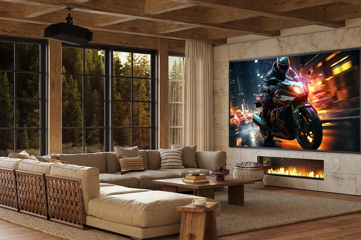 Rustic living room with a projector and a large screen displaying a motorbike scene