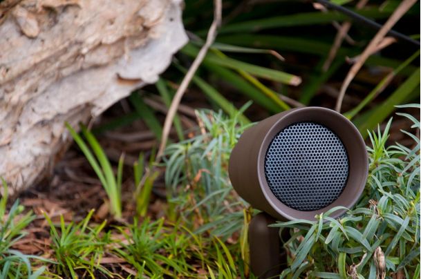 A brown outdoor speaker situated among green plants and a tree trunk in a natural garden environment.